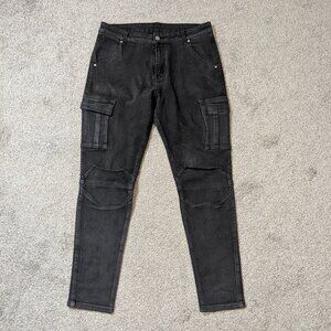 ROMWE Black Stretch Denim High Rise Cargo Jeans; Knee Accent; Size 32